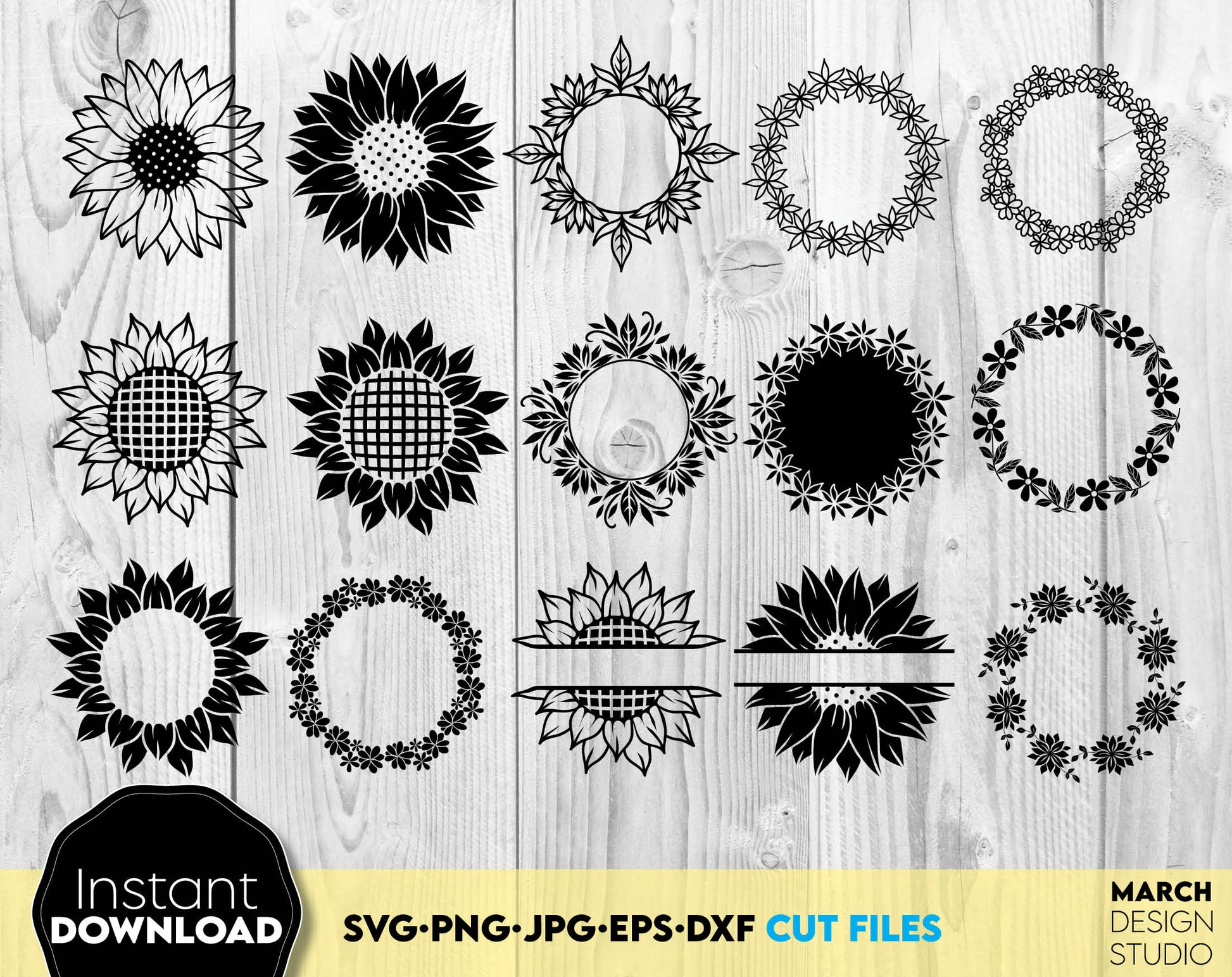 Sunflowers bundle for Your home decor craft ideas. SVG PNG JPG EPS DXF files included. Compatible with Cricut, Silhouette, Studio, Glowforge or other equipment. Cut from vinyl, use for sublimation or laser cut projects. But now for a good price!