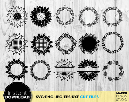 Sunflowers bundle for Your home decor craft ideas. SVG PNG JPG EPS DXF files included. Compatible with Cricut, Silhouette, Studio, Glowforge or other equipment. Cut from vinyl, use for sublimation or laser cut projects. But now for a good price!