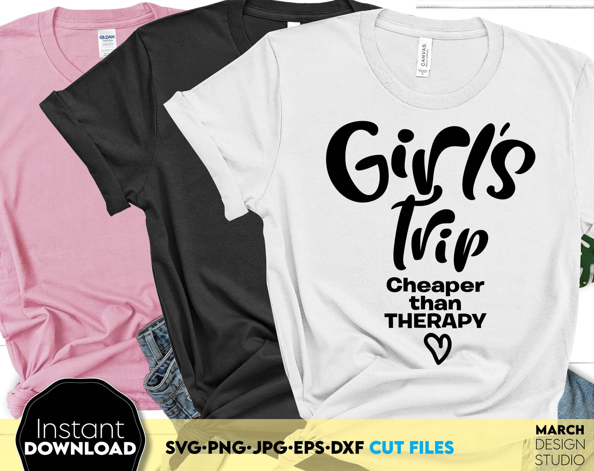 Girls Trip Cheaper than therapy matching shirts design. SVG, PNG, JPG, EPS and DXF files included. Compatible with Cricut, Silhouette and others machines. Use for sublimation or laser cut projects as well. Buy now for a good - discount price. Enjoy!