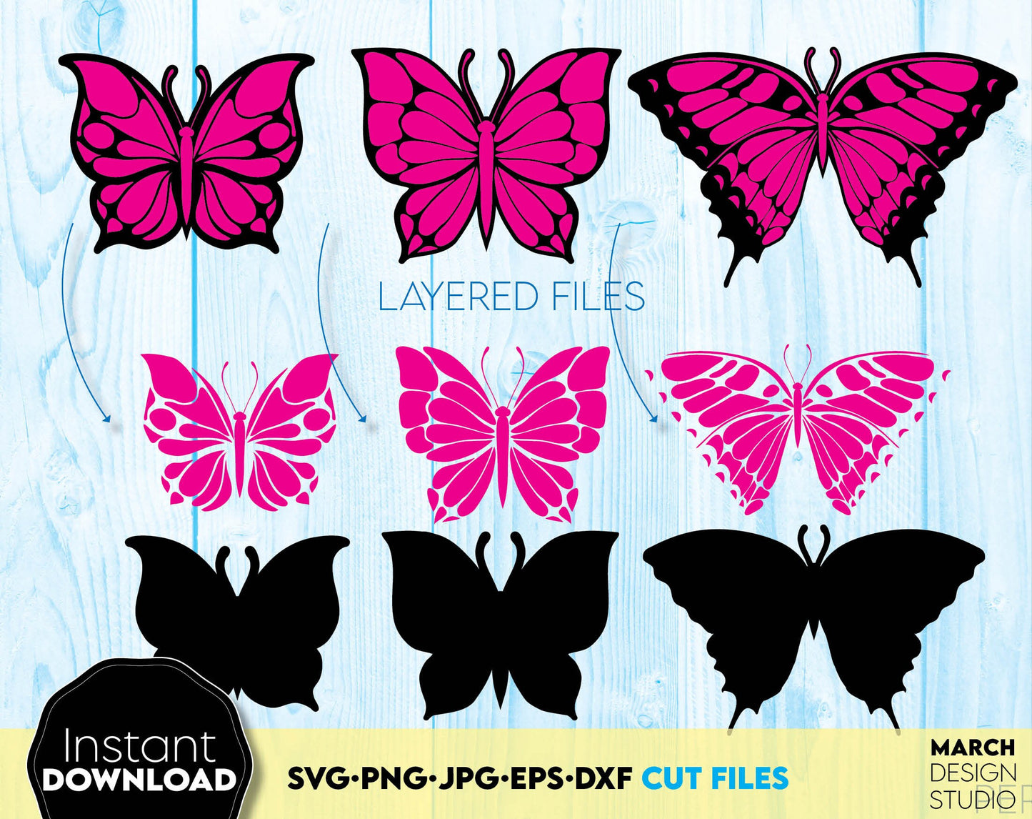 Layered Butterfly bundle for Your summer projects. SVG PNG JPG EPS DXF files included. Compatible with Cricut, Silhouette, sublimation printers and other equipment. Cut from vinyl with Cricut, Silhouette, use for sublimation or laser projects.