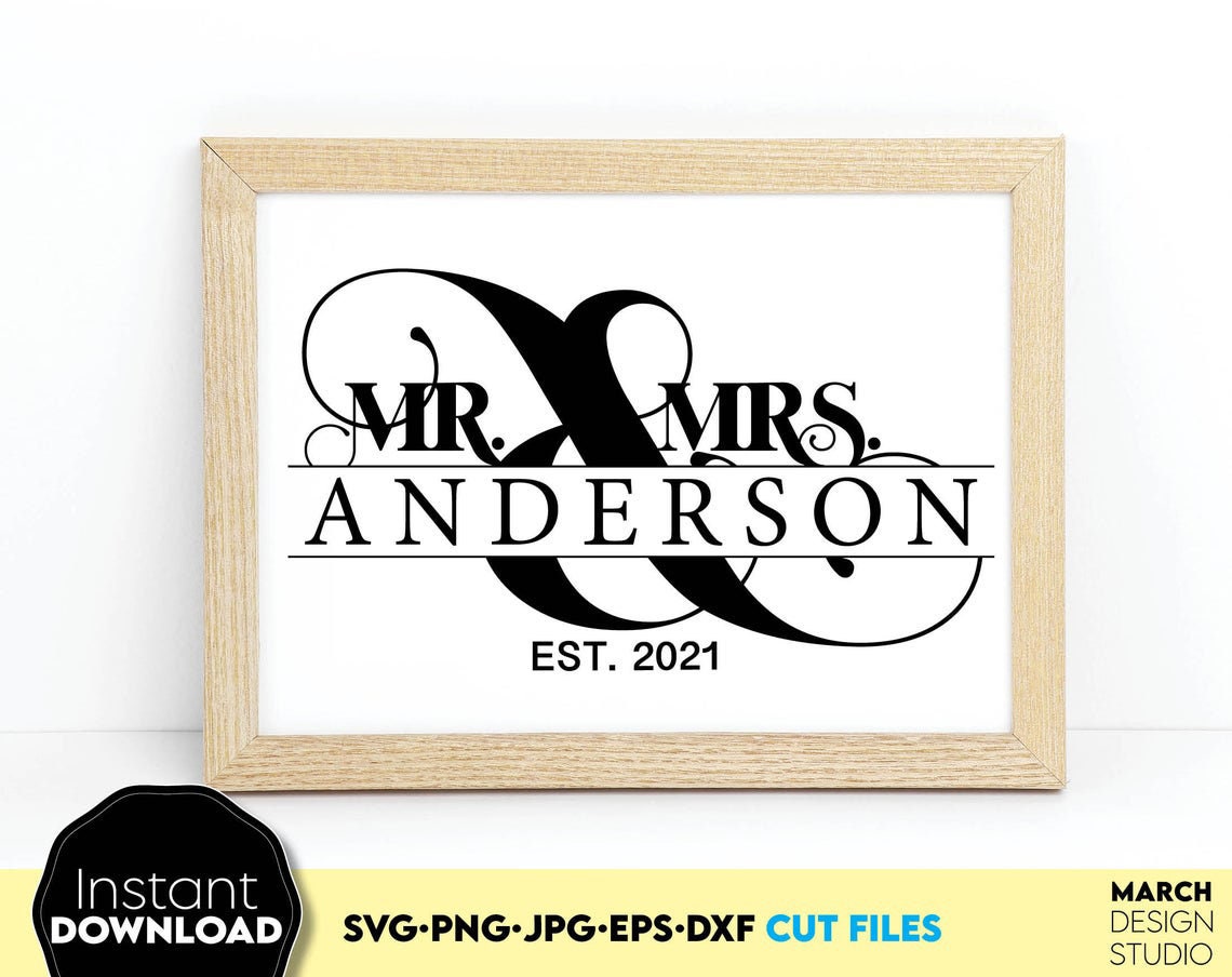 Split mr and mrs wedding monogram. SVG, PNG, JPG, EPS, DXF files included. Cut from vinyl. use for sublimation or laser cut / grave projects. Compatible with Cricut, Silhouette or other machines. Buy now for a good price and enjoy!