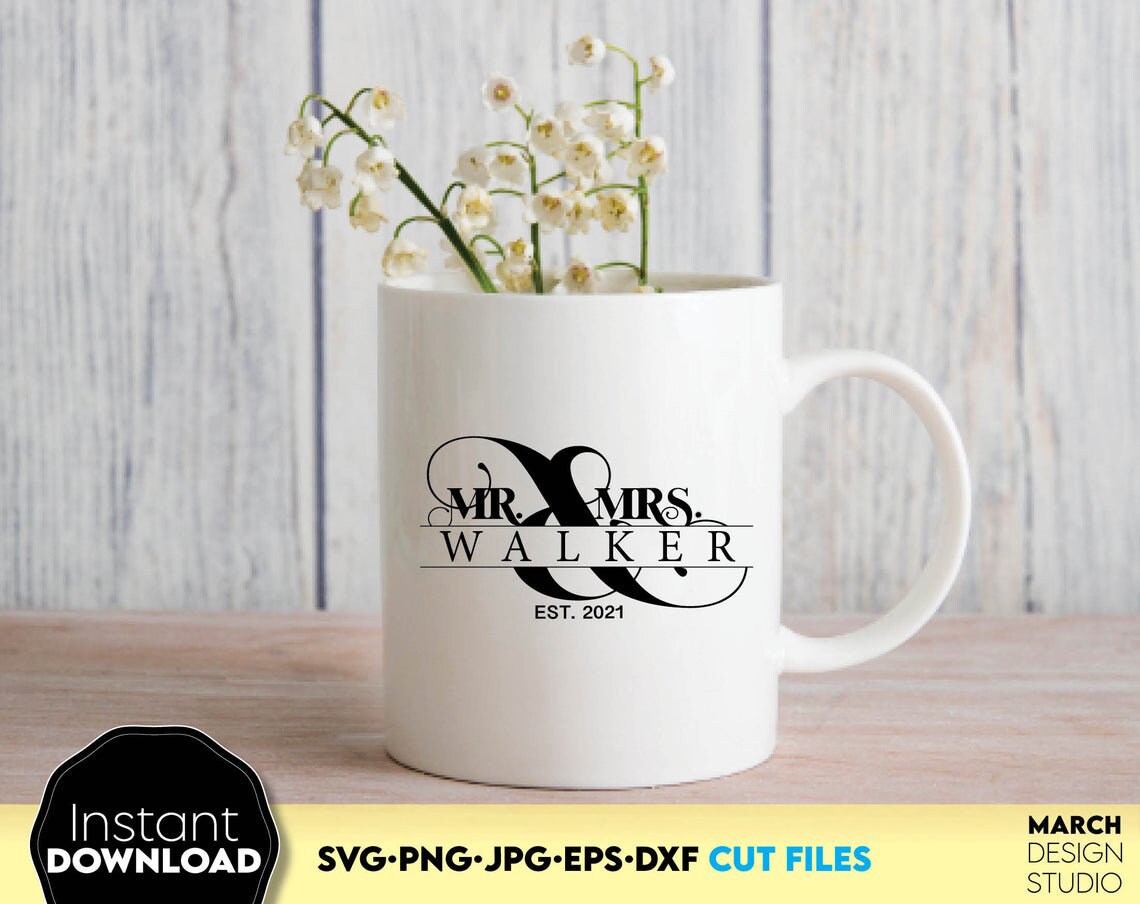 Split mr and mrs wedding monogram. SVG, PNG, JPG, EPS, DXF files included. Cut from vinyl. use for sublimation or laser cut / grave projects. Compatible with Cricut, Silhouette or other machines. Buy now for a good price and enjoy!