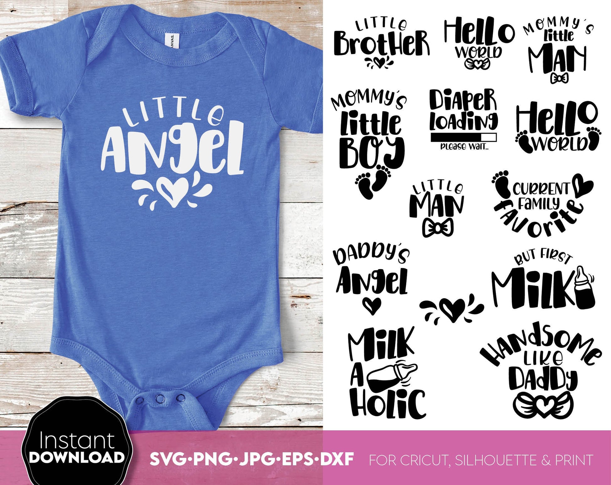 Newborn quotes bundle for Your kids first projects. SVG, PNG, EPS and DXF files included. Compatible with Cricut, Silhouette and Glowforge machines. Use for sublimation or laser cut projects as well. Buy now and enjoy!