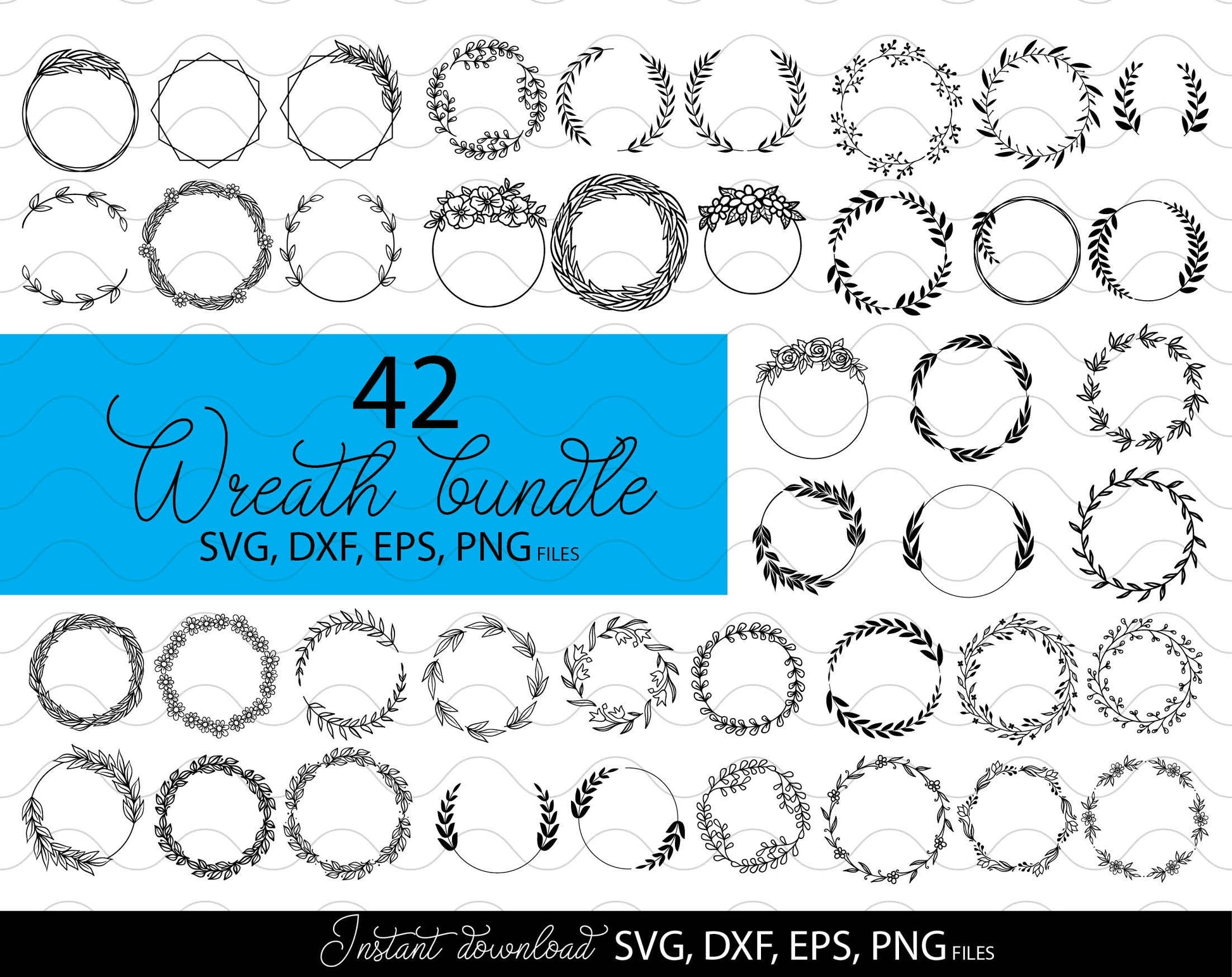 42 wreath bundle for Your Christmas, Birthday, Wedding or other gift ideas. SVG, DXF, EPS and PNG files included. Compatible with Cricut, Silhouette or other equipment. Cut from vinyl or use for sublimation or other projects. Buy now for a good price