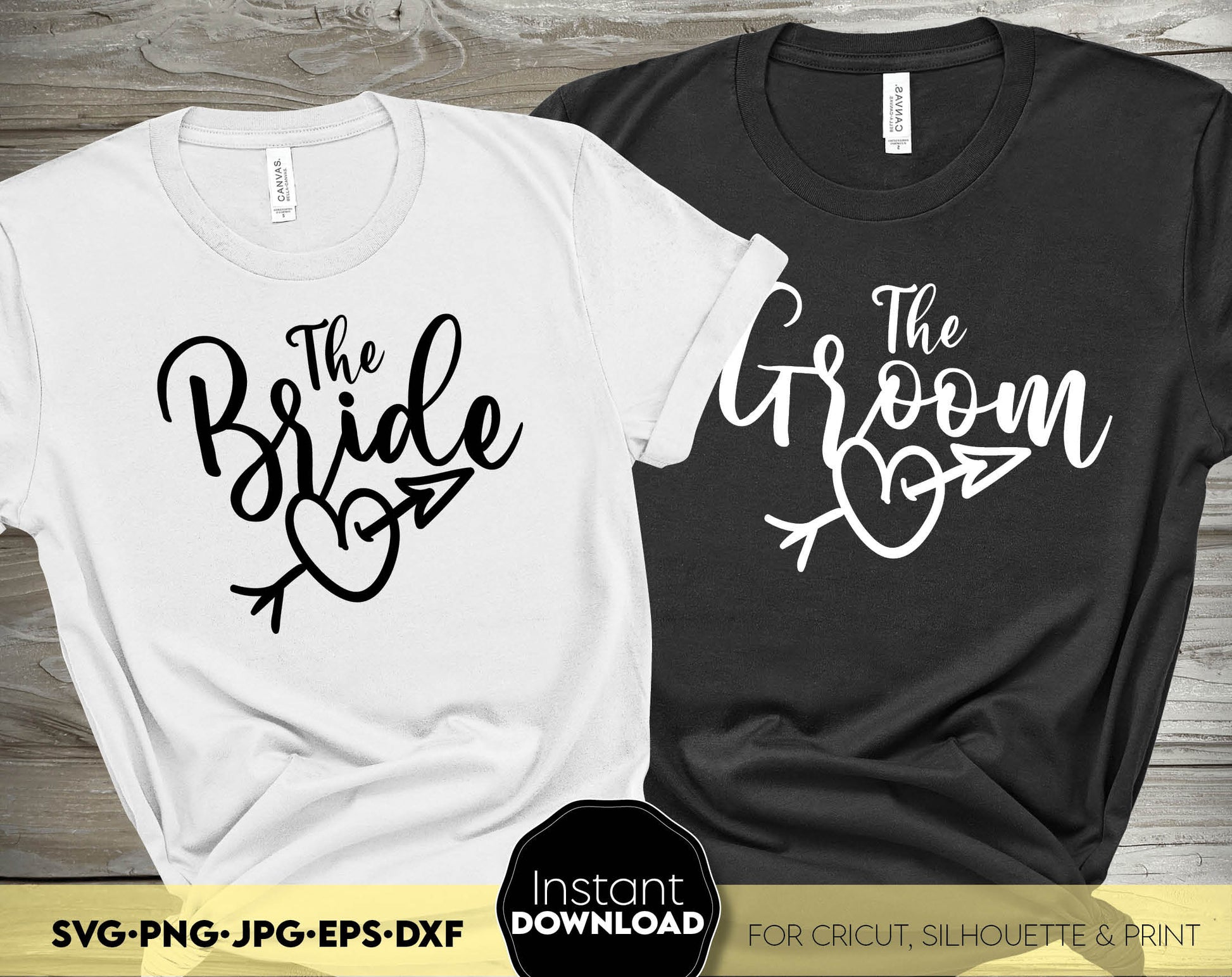 The Bride and The Groom shirts designs. SVG PNG JPG EPS DXF files included. Compatible with Cricut, Silhouette or other equipment. Cut from vinyl, use for sublimation or laser cut projects. Buy now for a good price and enjoy!