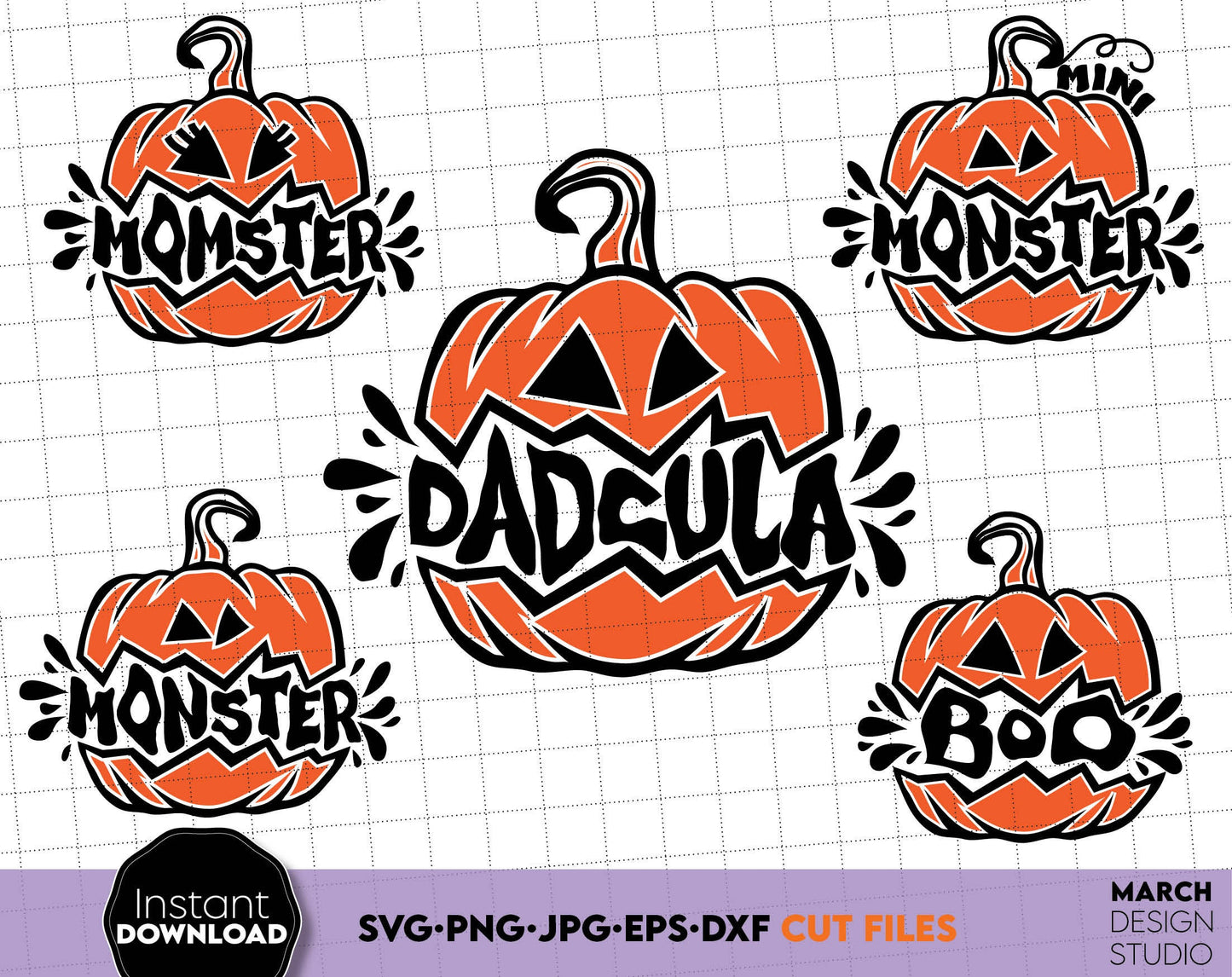 Funny Halloween Family Shirt Designs with Dadcula, Momster, Monster and Boo on it. SVG, PNG, JPG, EPS and DXF files included. Compatible with Cricut, Silhouette and Glowforge machines. Usable for sublimation or laser cut projects as well. Buy now!