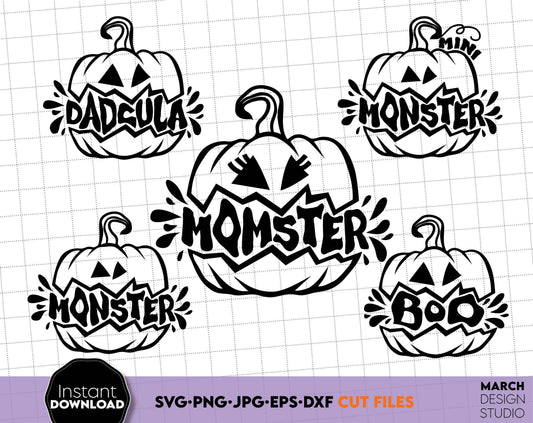 Funny Halloween Family Shirt Designs with Dadcula, Momster, Monster and Boo on it. SVG, PNG, JPG, EPS and DXF files included. Compatible with Cricut, Silhouette and Glowforge machines. Usable for sublimation or laser cut projects as well. Buy now!