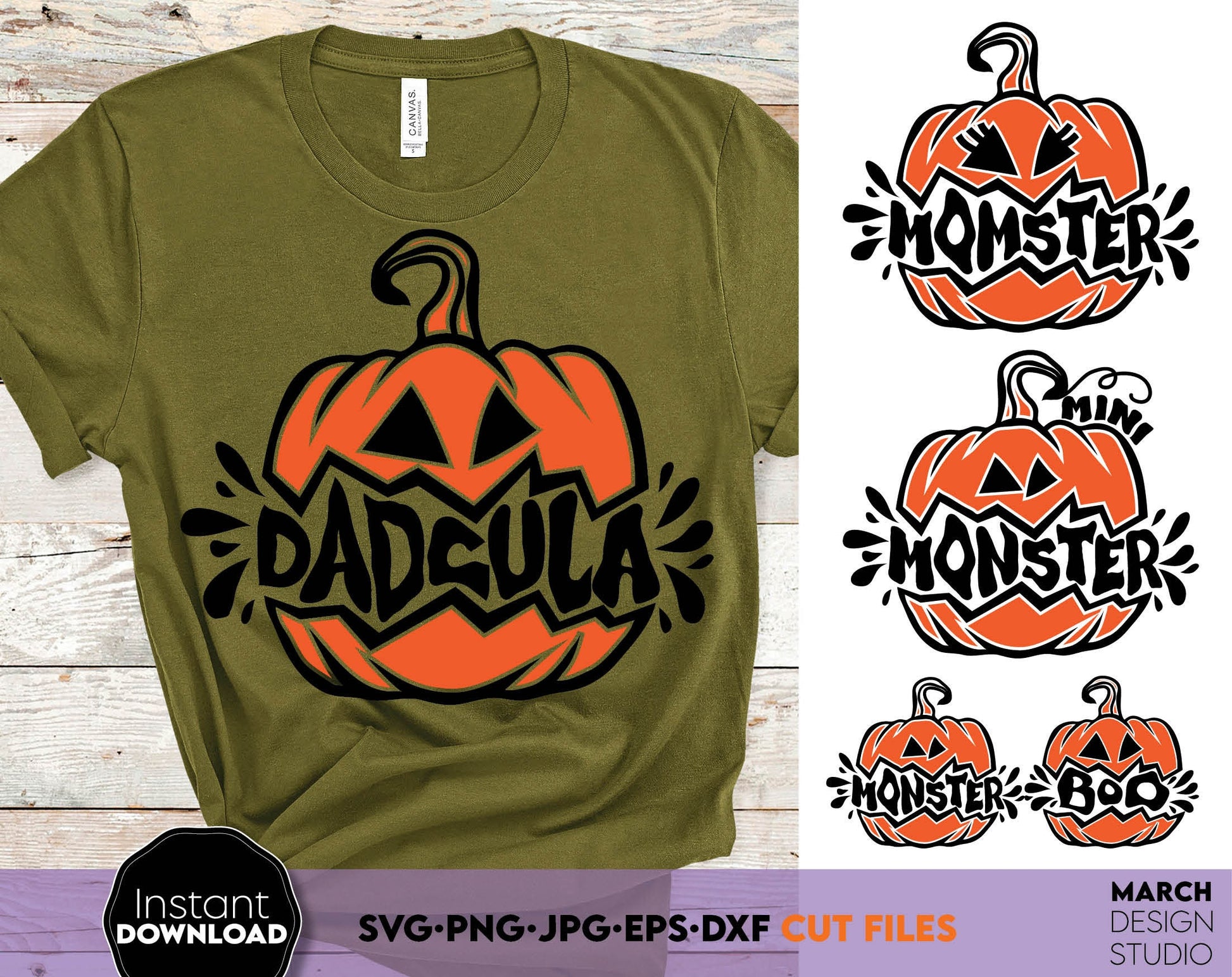 Funny Halloween Family Shirt Designs with Dadcula, Momster, Monster and Boo on it. SVG, PNG, JPG, EPS and DXF files included. Compatible with Cricut, Silhouette and Glowforge machines. Usable for sublimation or laser cut projects as well. Buy now!