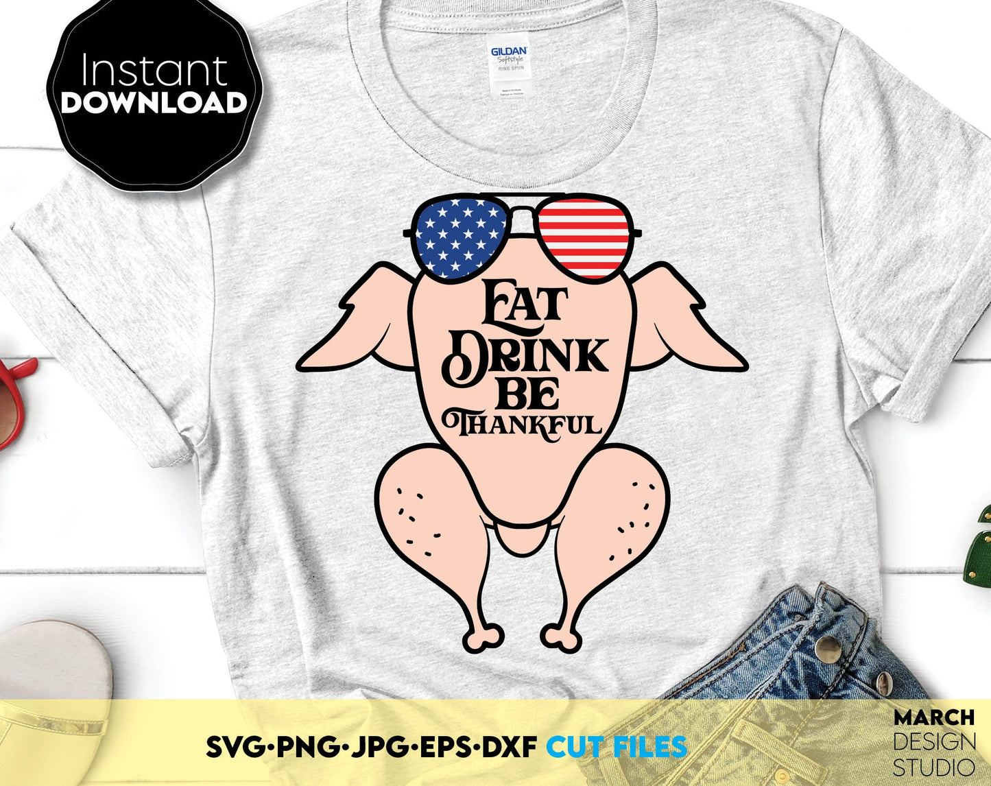 Eat Drink Be Thankful funny Thanksgiving time design for shirts, tumblers etc. SVG, PNG, JPG, EPS, DXF files included. Compatible with Cricut, Silhouette or other. Use for cutting from vinyl or sublimation projects. Buy now for a good price and enjoy