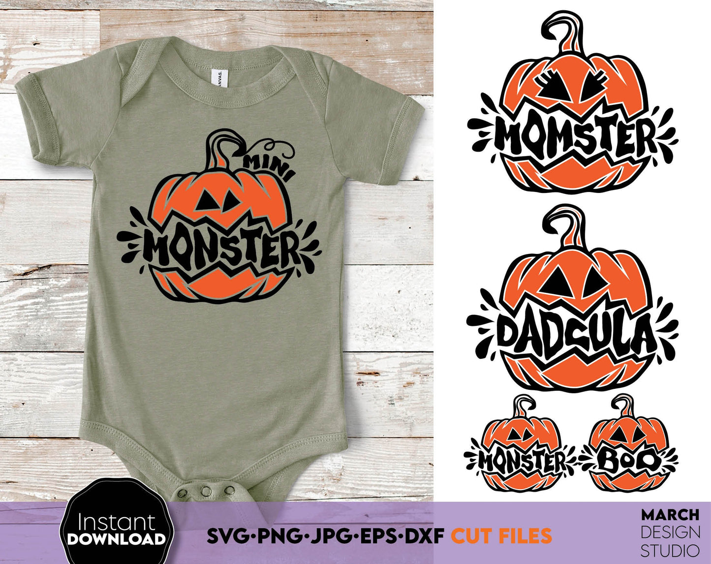 Funny Halloween Family Shirt Designs with Dadcula, Momster, Monster and Boo on it. SVG, PNG, JPG, EPS and DXF files included. Compatible with Cricut, Silhouette and Glowforge machines. Usable for sublimation or laser cut projects as well. Buy now!