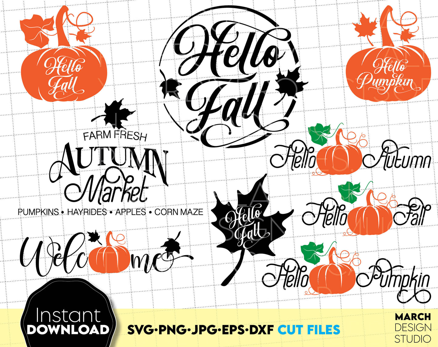 Hello fall bundle - with autumn quotes and autumn market signs included. A great design to decorate your Farmhouse. Use it when you organize an autumn harvest market. Use as a country house decor for the kitchen. Buy now for a good price and enjoy!