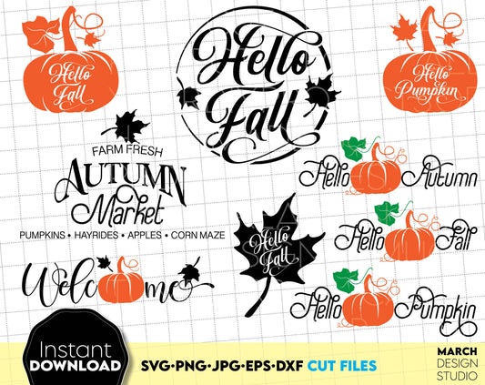 Hello fall bundle - with autumn quotes and autumn market signs included. A great design to decorate your Farmhouse. Use it when you organize an autumn harvest market. Use as a country house decor for the kitchen. Buy now for a good price and enjoy!