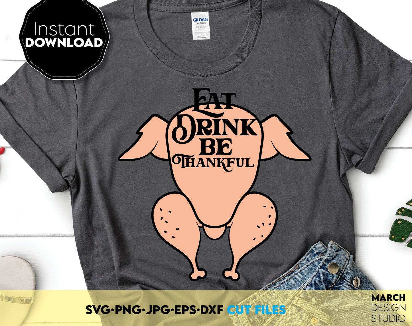 Eat Drink Be Thankful funny Thanksgiving time design for shirts, tumblers etc. SVG, PNG, JPG, EPS, DXF files included. Use for cutting from vinyl or sublimation projects. Buy now for a good price and enjoy!