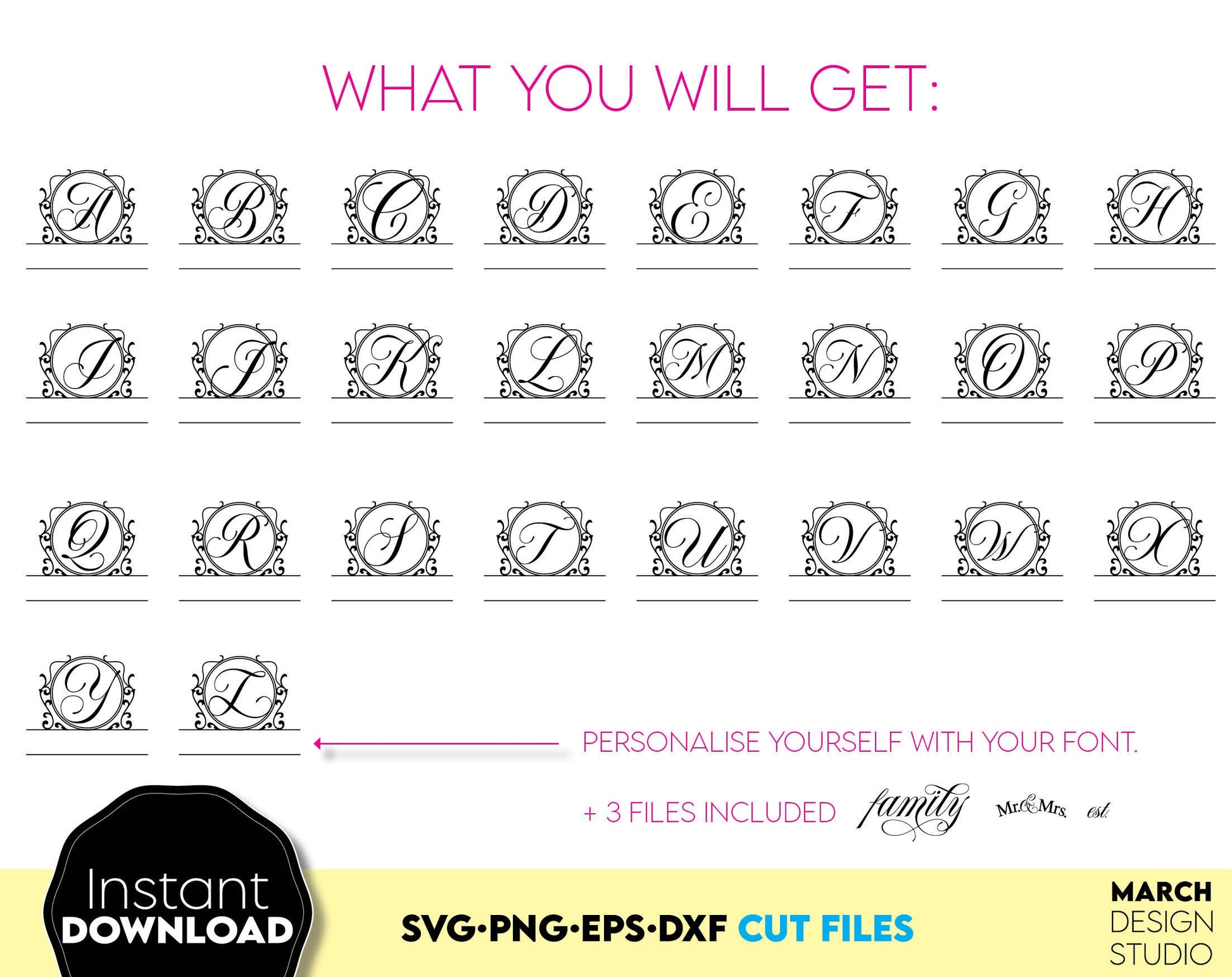 Circle split monogram fonts design. SVG, PNG, DXF, EPS files included. Cut from vinyl, use for sublimation or laser cut / grave projects. Compatible with Cricut, Silhouette or other machines. Buy now for a good price and enjoy! March Design Studio!