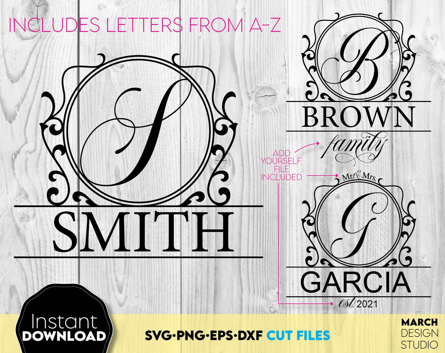 Circle split monogram fonts design. SVG, PNG, DXF, EPS files included. Cut from vinyl, use for sublimation or laser cut / grave projects. Compatible with Cricut, Silhouette or other machines. Buy now for a good price and enjoy! March Design Studio!