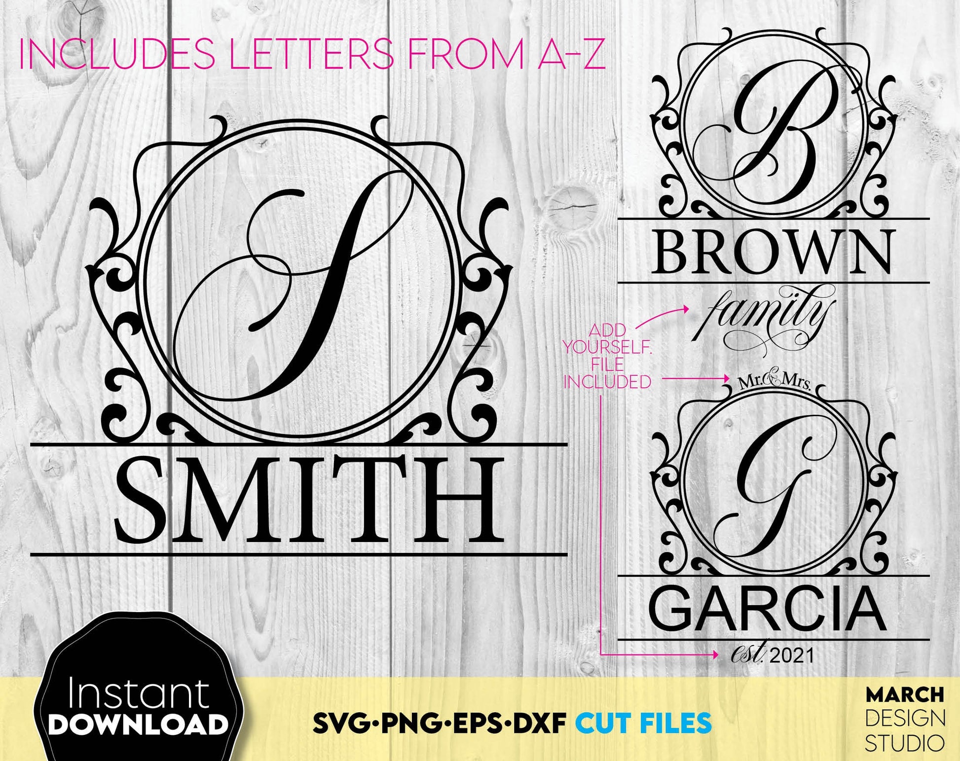 Circle split monogram fonts design. SVG, PNG, DXF, EPS files included. Cut from vinyl, use for sublimation or laser cut / grave projects. Compatible with Cricut, Silhouette or other machines. Buy now for a good price and enjoy! March Design Studio!