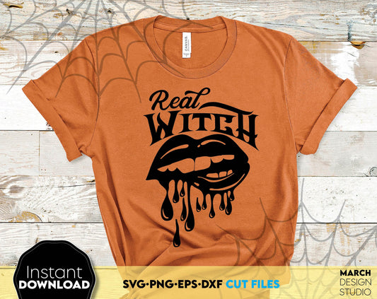 Real Witch design for your Halloween evening project. Bloody lips design include SVG, PNG, DXF, EPS file format allows this design to be used for shirts, mugs, wall decorations or front porch door decorations. Buy now for a good price and enjoy!