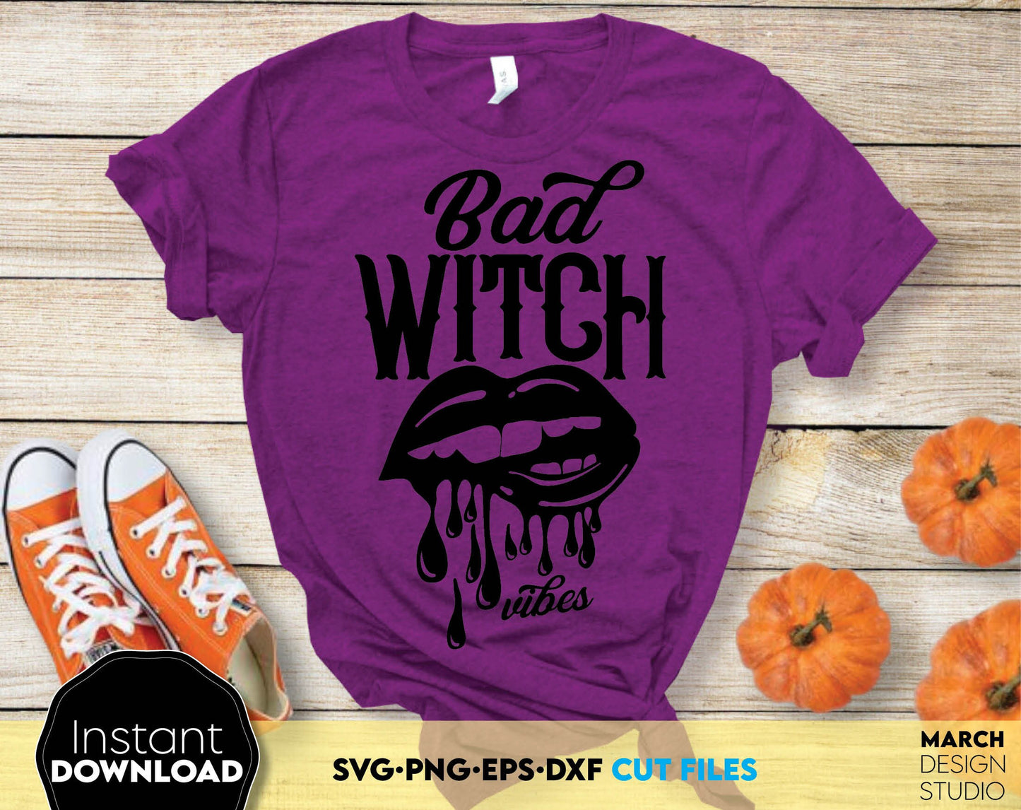 Bad Witch vibes design for your Halloween or other evening project. The SVG, PNG, DXF, EPS file formats allow this design to be used for shirts, mugs, wall decorations or front porch door decorations. Compatible with cricut, silhouette. Buy now!