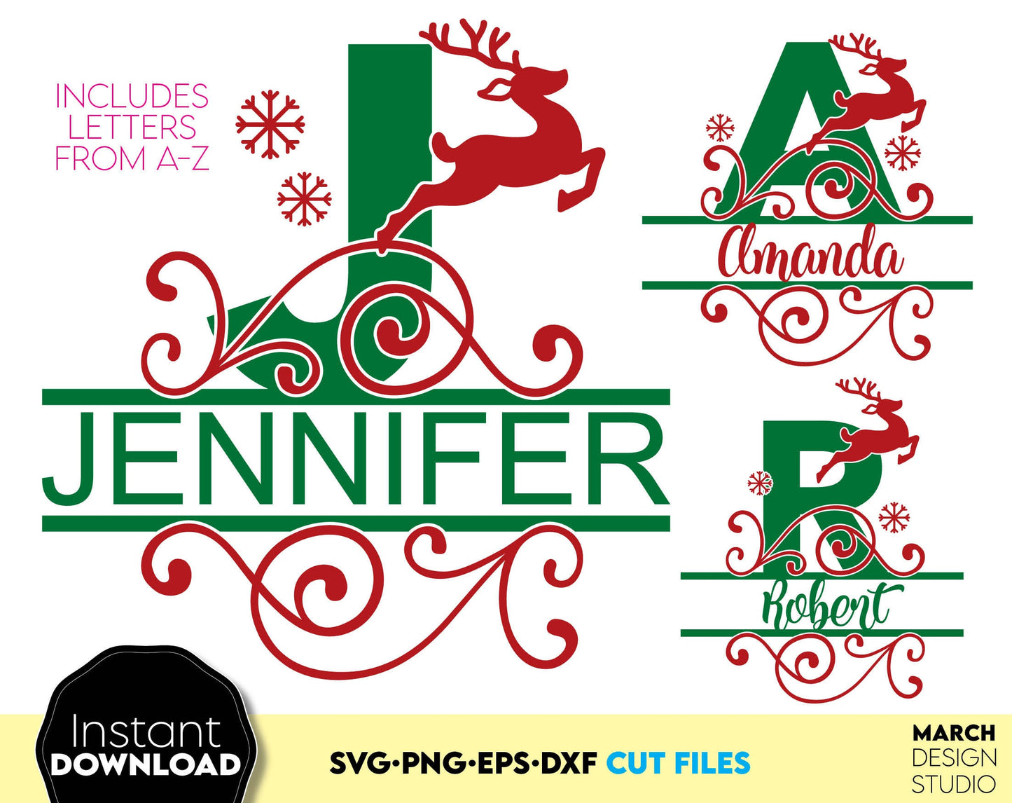 Christmas monogram for your Christmas gift ideas. Snowflakes and reindeer on it. Christmas split letters cute for Christmas ornaments. Compatible with Cricut, Silhouette or other machines. Buy now and enjoy!