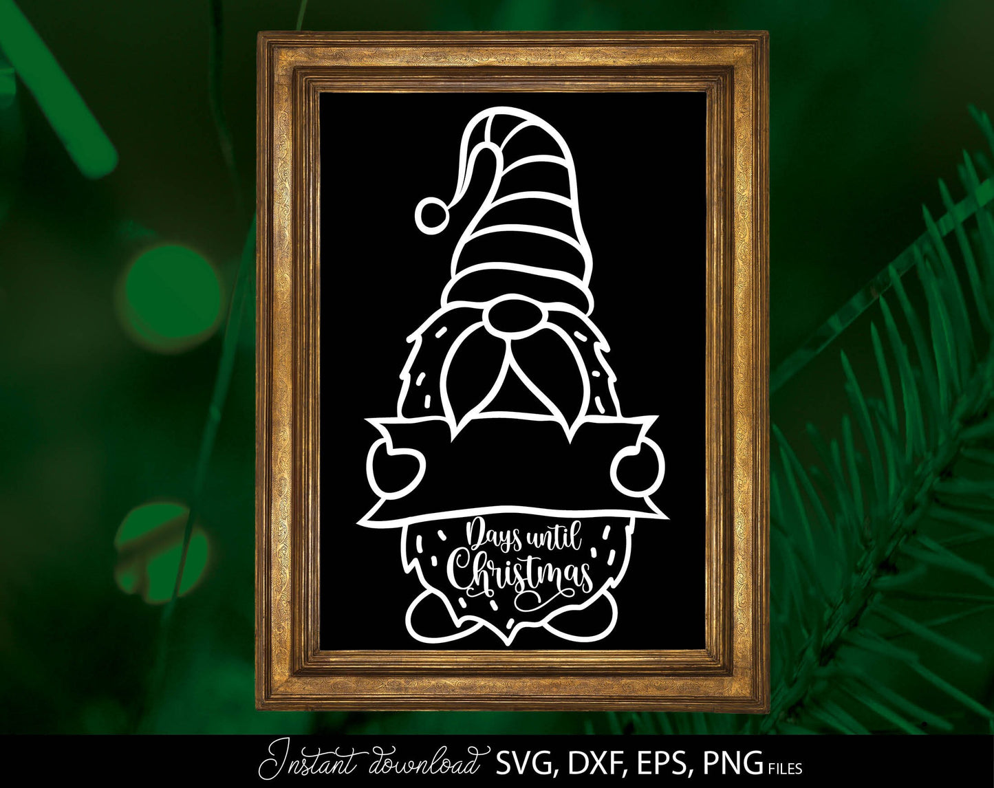 Christmas Gnome with Christmas countdown chalkboard in the hands. Nice Christmas ornament and think for kids joy! SVG, DXF, EPS, PNG files included. Cut from vinyl, or use for sublimation or laser grave, cut projects. Compatible with Cricut and other