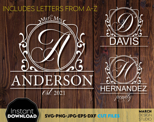 Circle split monogram fonts design. SVG, PNG, DXF, EPS files included. Cut from vinyl, use for sublimation or laser cut / grave projects. Compatible with Cricut, Silhouette or other machines. Buy now for a good price and enjoy! March Design Studio!