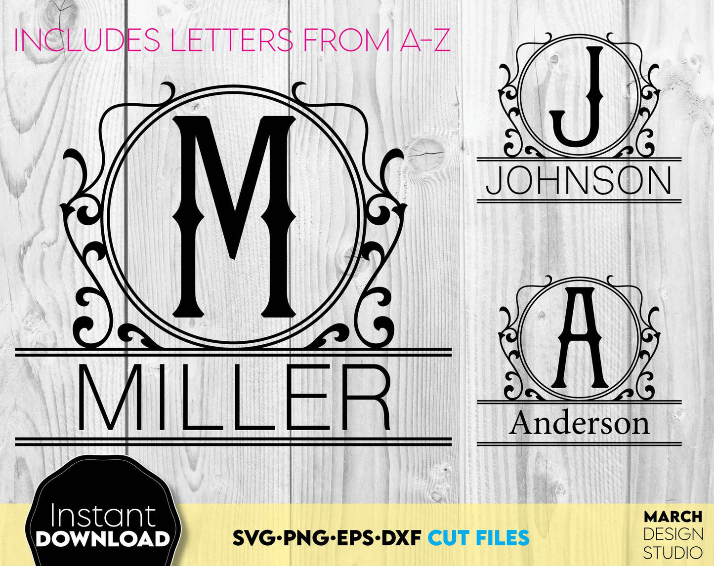 Family Name Monogram fonts bundle designs for Your gift projects or home decoration. Files you can use for engraving on glass, making shirts, tumblers with Cricut, Silhouette equipment. Monogram files also designed and easy to use for laser cutting.