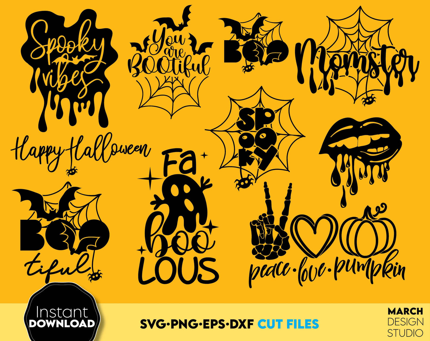 Halloween SVG bundle design for your Halloween evening project. The SVG, PNG, DXF, EPS or JPG file format allows this design to be used for shirts, mugs, wall decorations or front porch door decorations. Compatible with Cricut and Silhouette machines