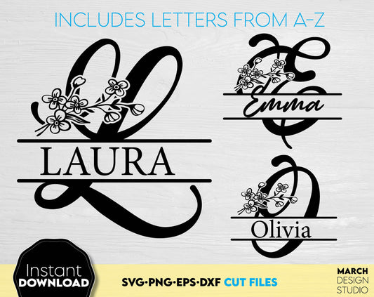 Split Letter Family Name Monogram fonts letters from A - Z bundle. Use for cutting form vinyl, sublimation or laser cut projects. SVG, PNG, DXF, EPS files included. Compatible with Cricut, Silhouette, Glowforge and other equipment. Buy now and enjoy!