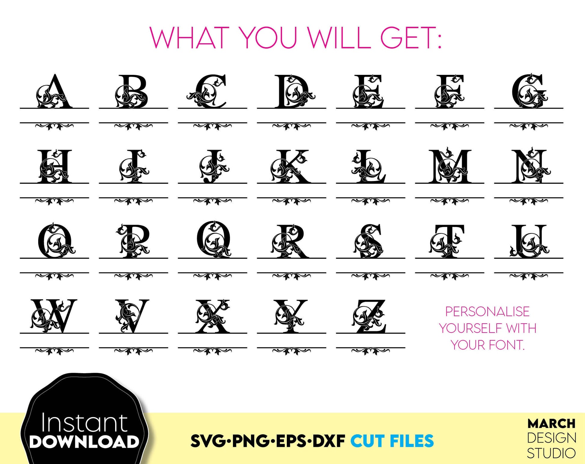 Last Name Monogram split flourish letters alphabet. SVG PNG EPS DXF files included. Compatible with Cricut, Silhouette or other equipment. Cut from vinyl, use for sublimation or laser cut or grave projects. Buy now for a good price and enjoy!