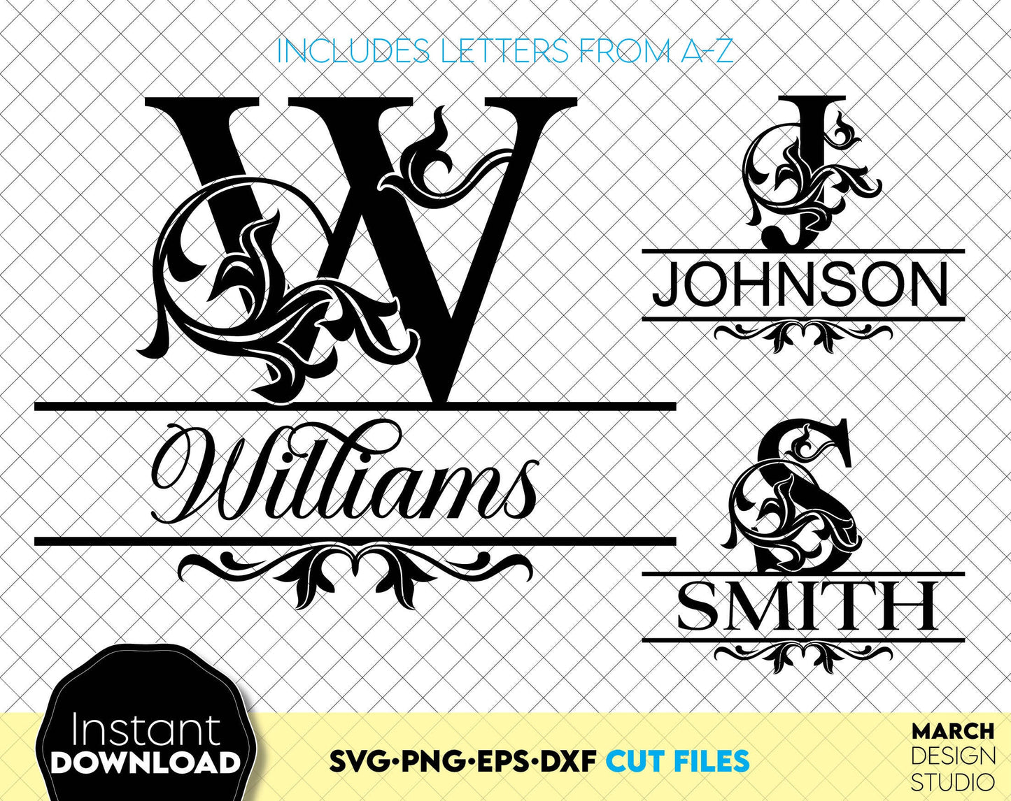 Last Name Monogram split flourish letters alphabet. SVG PNG EPS DXF files included. Compatible with Cricut, Silhouette or other equipment. Cut from vinyl, use for sublimation or laser cut or grave projects. Buy now for a good price and enjoy!