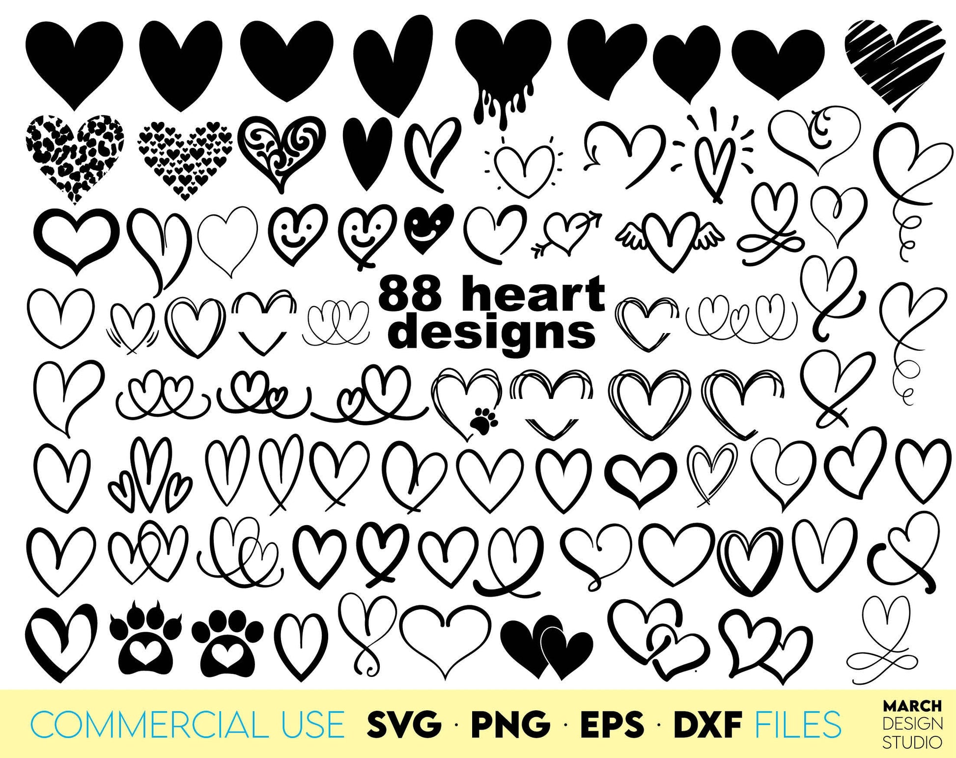 88 hearts designs bundle for Your Valentine or other event projects. SVG, PNG, EPS and DXF files included. Compatible with Cricut, Silhouette and Glowforge machines and usable for sublimation or laser cut projects as well. Buy now and enjoy!