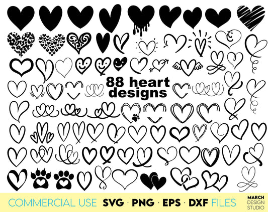 88 hearts designs bundle for Your Valentine or other event projects. SVG, PNG, EPS and DXF files included. Compatible with Cricut, Silhouette and Glowforge machines and usable for sublimation or laser cut projects as well. Buy now and enjoy!