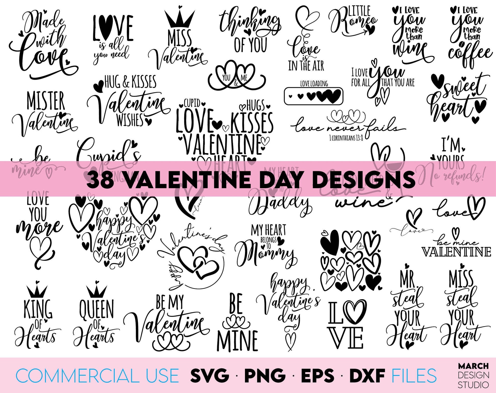 38 Valentines Day Hearts bundle for Yours Valentines Day projects. Use for cutting form vinyl, sublimation or laser cut projects. SVG, PNG, DXF, EPS files included. Compatible with Cricut, Silhouette, Glowforge and other equipment. Buy now and enjoy!