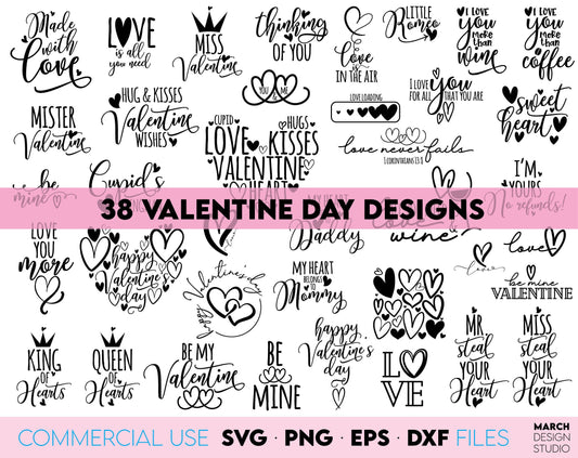 38 Valentines Day Hearts bundle for Yours Valentines Day projects. Use for cutting form vinyl, sublimation or laser cut projects. SVG, PNG, DXF, EPS files included. Compatible with Cricut, Silhouette, Glowforge and other equipment. Buy now and enjoy!