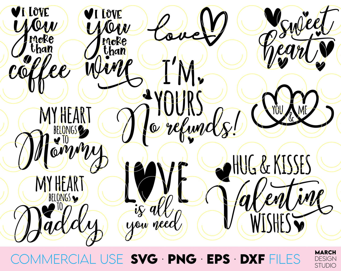 Valentines Day Hearts bundle for Yours Valentines Day projects. Use for cutting form vinyl, sublimation or laser cut projects. SVG, PNG, DXF, EPS files included. Compatible with Cricut, Silhouette, Glowforge and other equipment. Buy now and enjoy!