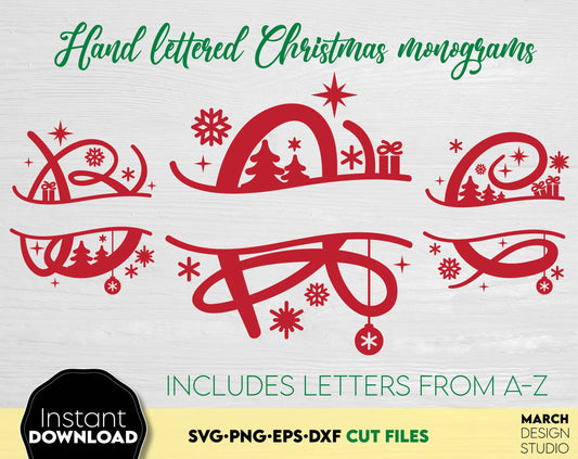 Christmas split letters monogram. SVG, PNG, DXF, EPS files included. Cut from vinyl, use for sublimation or laser cut / grave projects. Compatible with Cricut, Silhouette or other equipment. Buy now for a good price and enjoy!