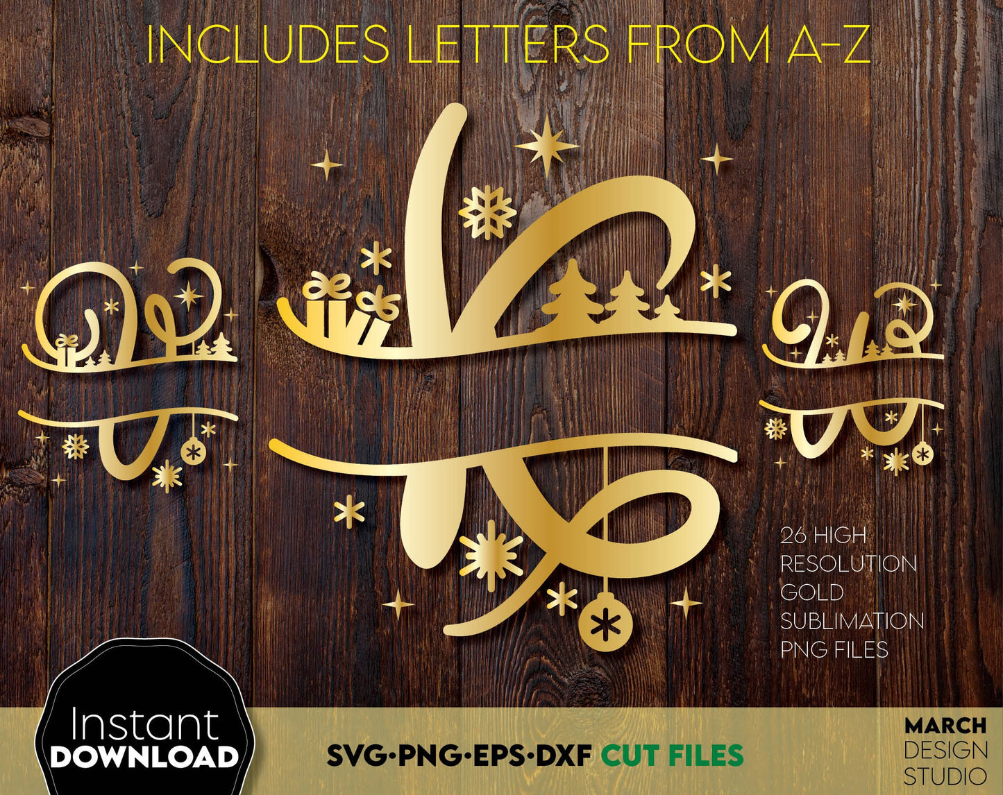 Christmas split letters monogram. SVG, PNG, DXF, EPS files included. Cut from vinyl, use for sublimation or laser cut / grave projects. Compatible with Cricut, Silhouette or other equipment. Buy now for a good price and enjoy!