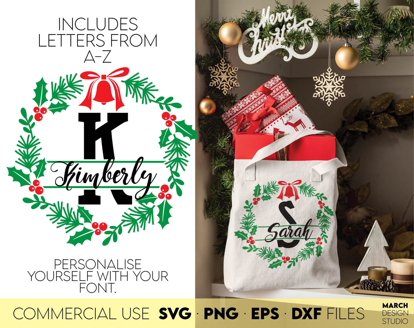 Christmas custom monograms for Your Christmas Ornaments or gift ideas. SVG PNG EPS DXF files included. Cut from vinyl, use for sublimation or laser cut / grave projects. Compatible with Cricut, Silhouette or other equipment. Buy now and enjoy!