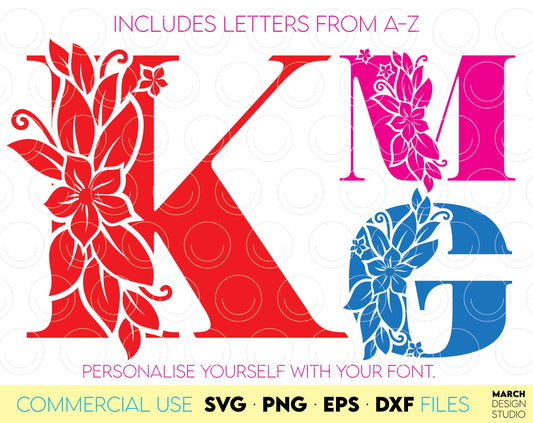 Flourish Letters Alphabet font you can use to surprise your loved ones. Just click ADD TO CARD. You can use Floral monogram font to make gifts for various important events, like - Christmas, Birthdays, Weddings, etc. Compatible with Cricut. Enjoy!