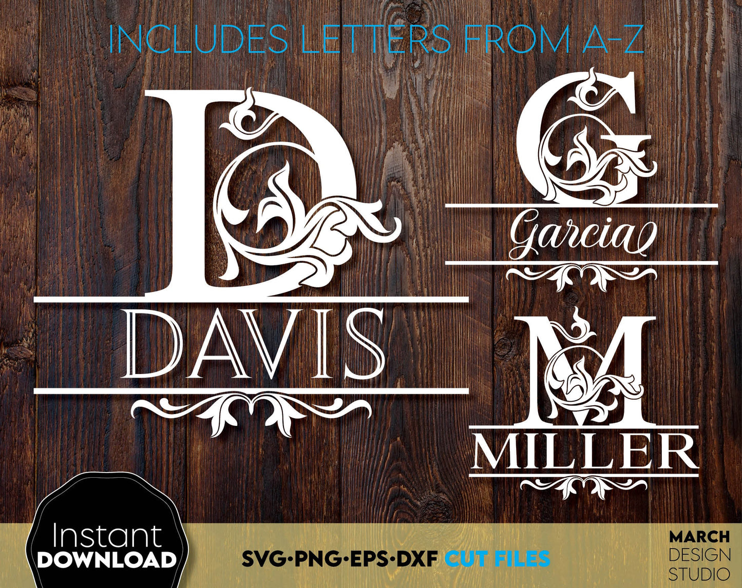 Last Name Monogram split flourish letters alphabet. SVG PNG EPS DXF files included. Compatible with Cricut, Silhouette or other equipment. Cut from vinyl, use for sublimation or laser cut or grave projects. Buy now for a good price and enjoy!