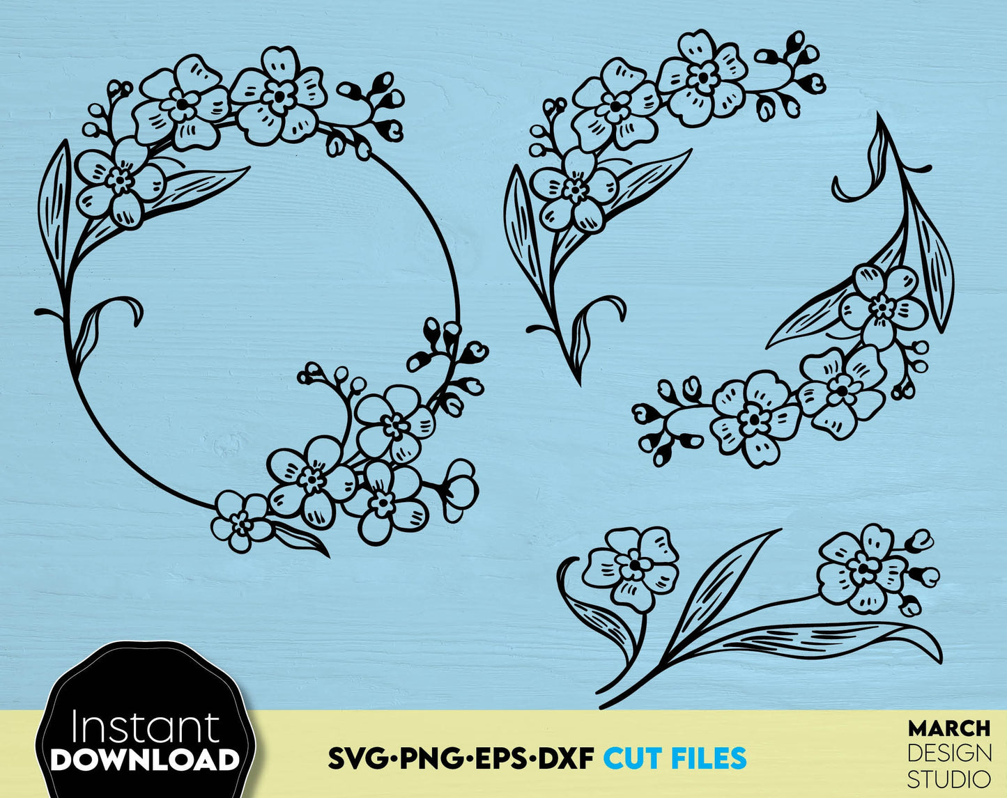 Floral circle wreath for your gift projects. SVG, DXF, EPS, PNG files included. Use for cutting from vinyl, sublimation or laser cut projects. Compatible with Cricut, Silhouette or other machines. Buy now for a good price and enjoy!