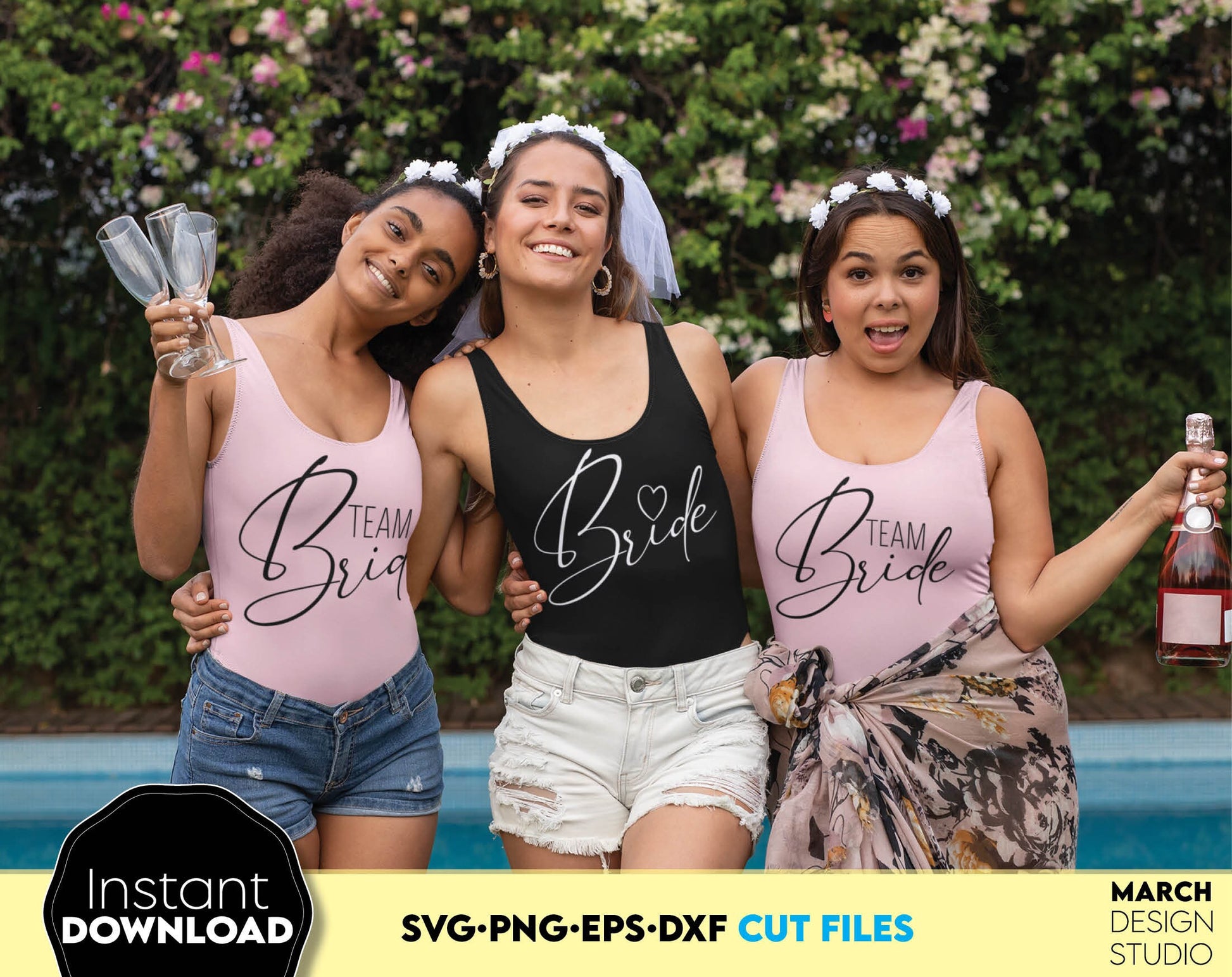 Bride and Bride team matching shirts designs. SVG PNG JPG EPS DXF files included. Compatible with Cricut, Silhouette or other equipment. Cut from vinul, use for sublimation or laser cut or grave projects. Buy now for a good price and enjoy!