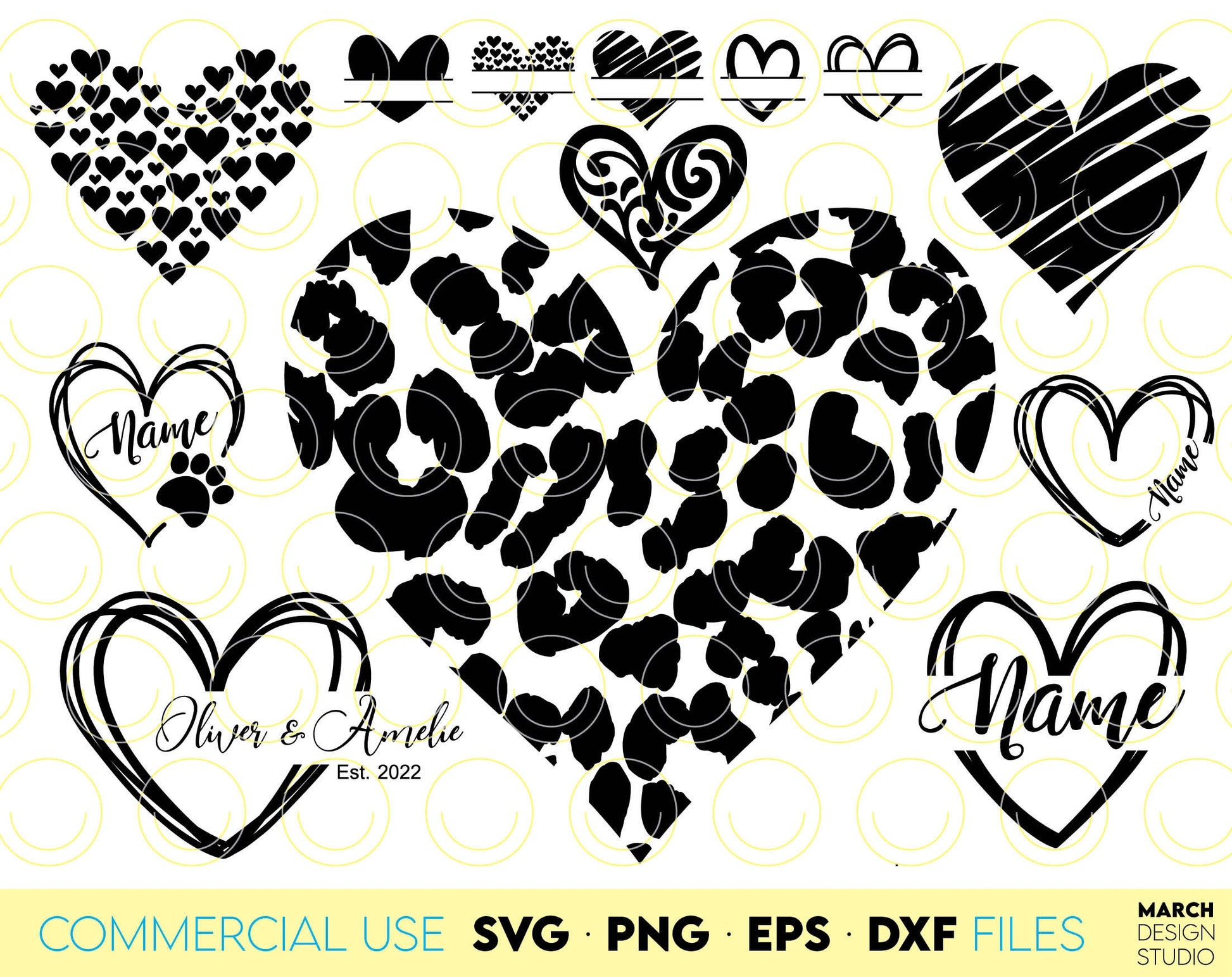 88 hearts designs bundle for Your Valentine or other event projects. SVG, PNG, EPS and DXF files included. Compatible with Cricut, Silhouette and Glowforge machines and usable for sublimation or laser cut projects as well. Buy now and enjoy!