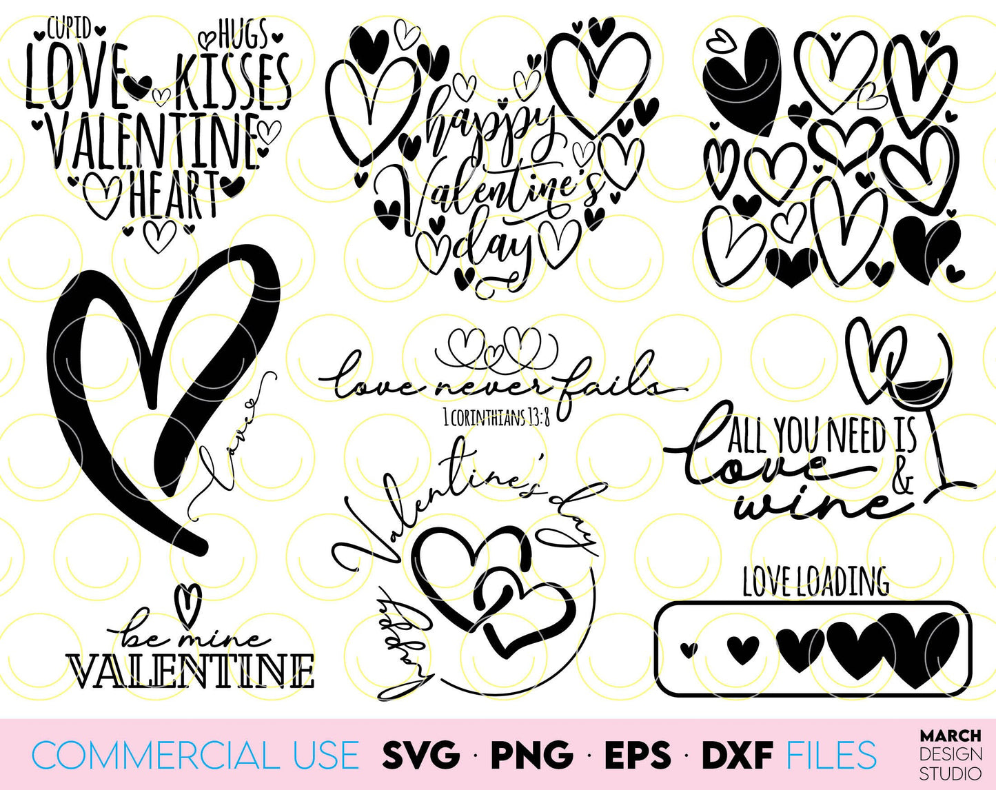 Valentines Day Hearts bundle for Yours Valentines Day projects. Use for cutting form vinyl, sublimation or laser cut projects. SVG, PNG, DXF, EPS files included. Compatible with Cricut, Silhouette, Glowforge and other equipment. Buy now and enjoy!