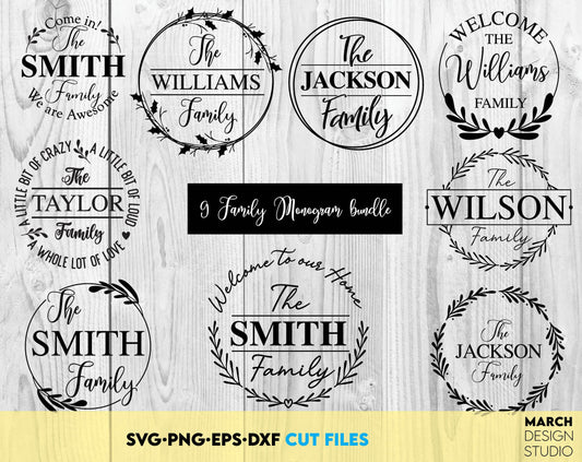 Monogram frame bundle. Family name monogram bundle. Wedding Sign with last name. Farmhouse front porch family name sign. All there is here. SVG, PNG, EPS, DXF files included. Compatible with Cricut, Silhouette. Buy now for a good price and enjoy!