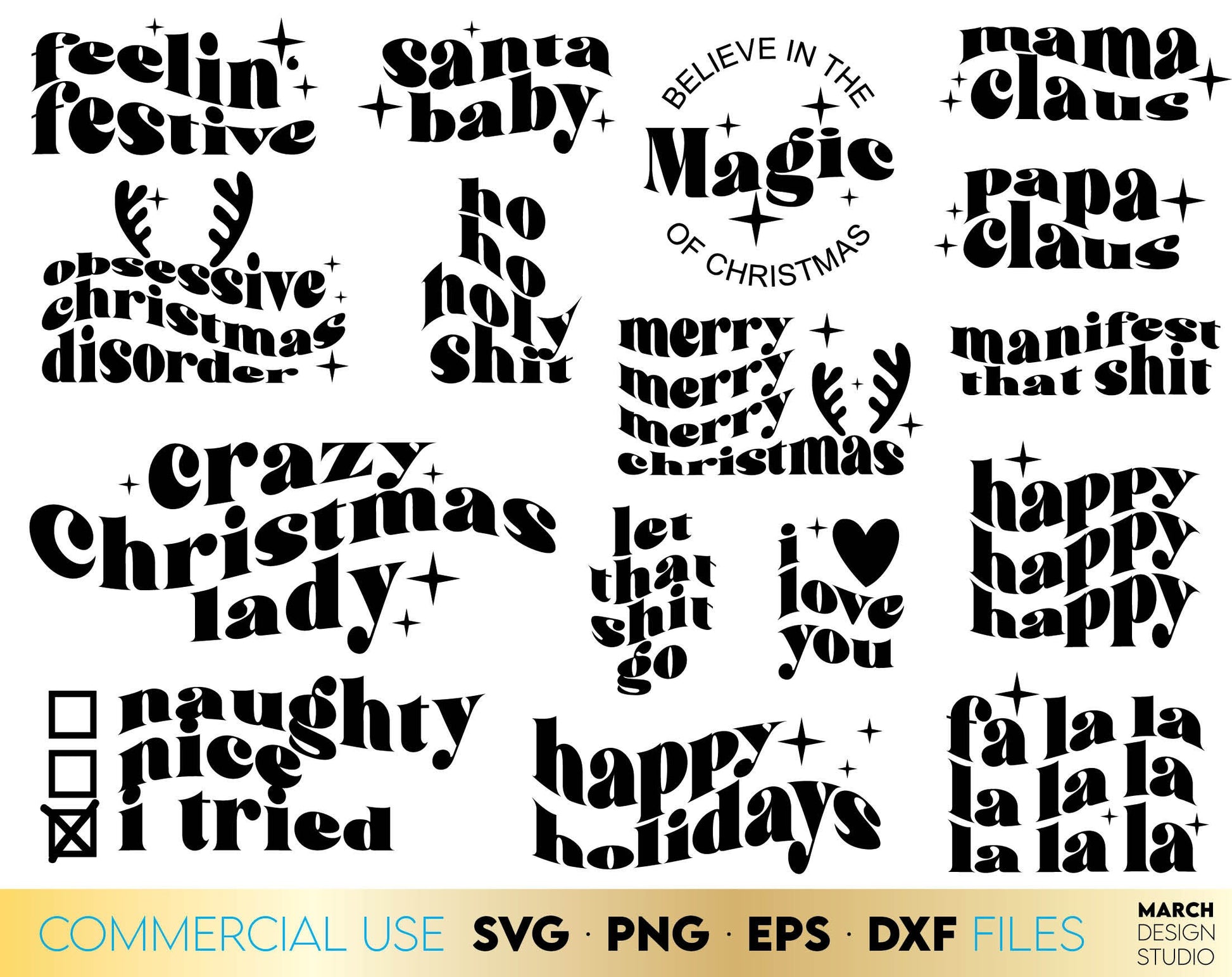 Christmas SVG bundle with Christmas quotes for Your Christmas Gift ideas. SVG PNG EPS DXF files included. Compatible with Cricut, Silhouette or equipment. Cut from vinyl, use for sublimation or laser grave projects. Buy now for a good price and enjoy