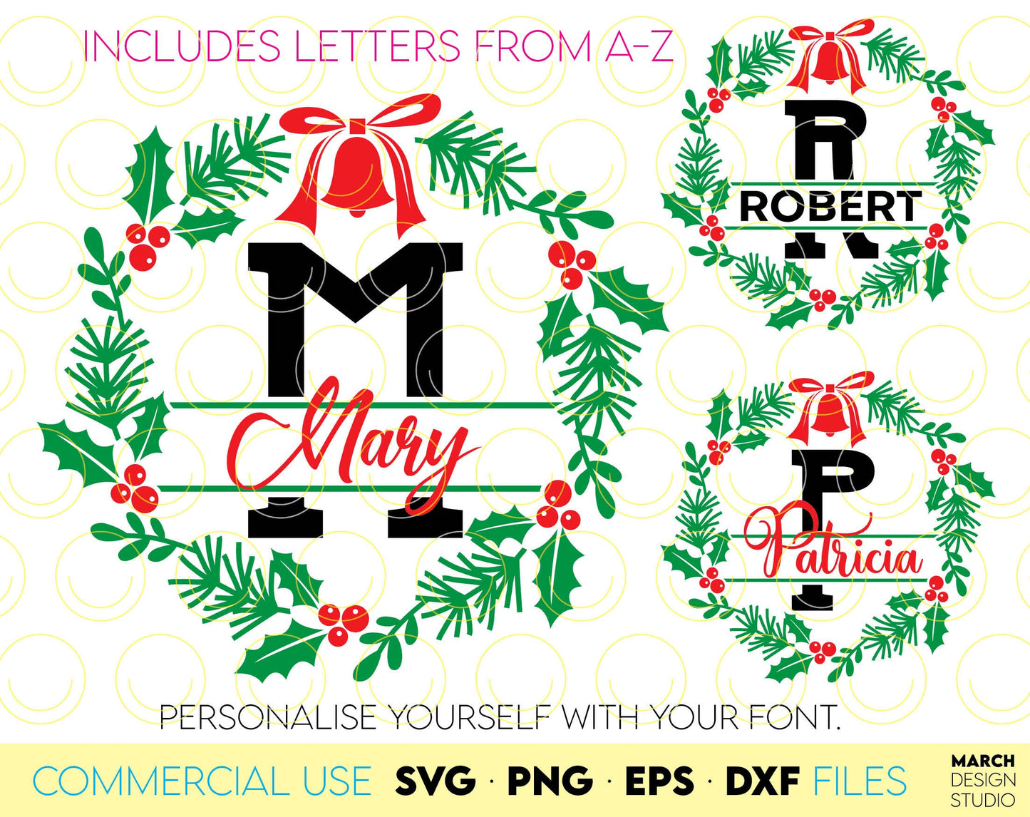 Christmas custom monograms for Your Christmas Ornaments or gift ideas. SVG PNG EPS DXF files included. Cut from vinyl, use for sublimation or laser cut / grave projects. Compatible with Cricut, Silhouette or other equipment. Buy now and enjoy!