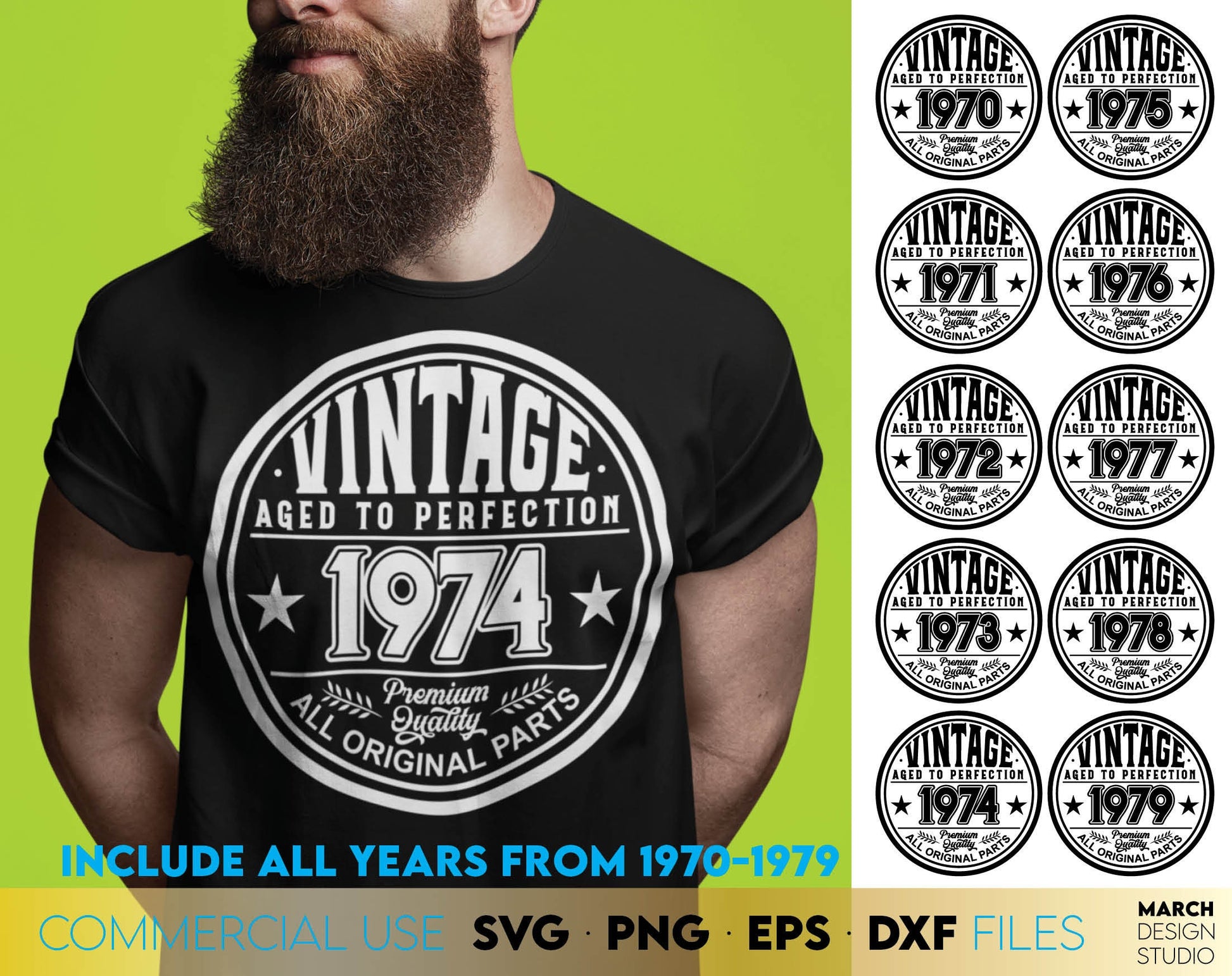 Dad aged to perfection vintage designs bundle. Include years from 1970 - 1979. Use for cutting form vinyl, sublimation or laser cut projects. SVG, PNG, DXF, EPS files included. Compatible with Cricut, Silhouette, Glowforge equipment. Buy and enjoy!