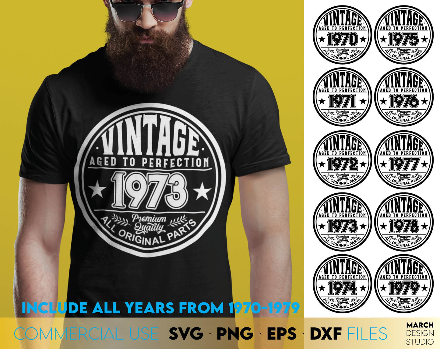 Dad aged to perfection vintage designs bundle. Include years from 1970 - 1979. Use for cutting form vinyl, sublimation or laser cut projects. SVG, PNG, DXF, EPS files included. Compatible with Cricut, Silhouette, Glowforge equipment. Buy and enjoy!