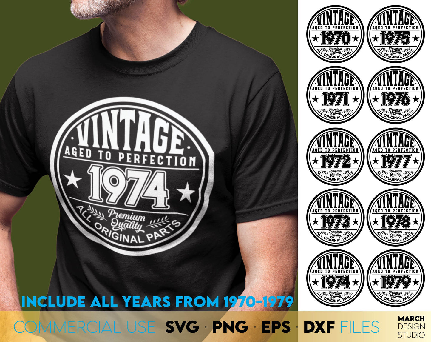 Dad aged to perfection vintage designs bundle. Include years from 1970 - 1979. Use for cutting form vinyl, sublimation or laser cut projects. SVG, PNG, DXF, EPS files included. Compatible with Cricut, Silhouette, Glowforge equipment. Buy and enjoy!